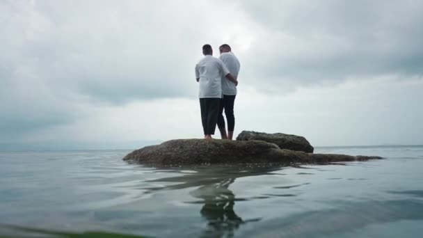 Gay Couple Embrace Standing Rock Shallow Sea Water Looking Far — Vídeos de Stock