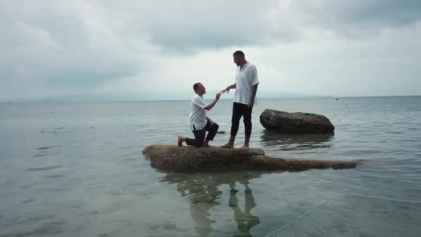 Gay Couple Standing Rock Sea Man Making Marriage Proposal His — Wideo stockowe