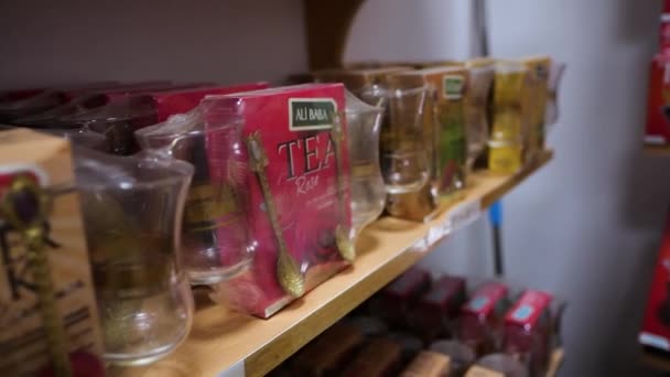 Selection Turkish Teas Sale Shelves Shop Close Dolly — Wideo stockowe