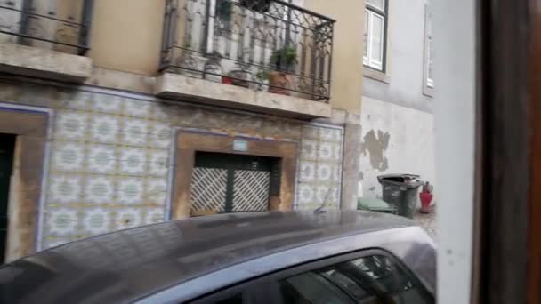 Lisbon Streets Retro Tram Commute Typical Stoned Pavement Calada Portuguesa — стокове відео