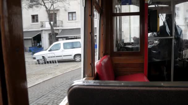 Lisbon Streets Historical Tram Passenger View Stoned Pavement Coloured Buildings — Stock videók