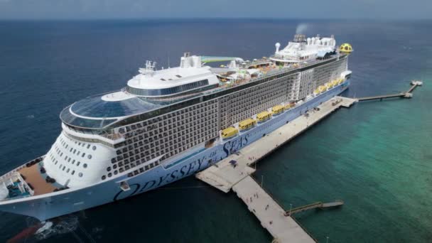 Aerial Orbit Odyssey Seas Cruise Ship Anchored Cruise Terminal Tropical — Wideo stockowe