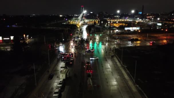 Blocked Toronto Street Aerial View Firefighter Crew Responding Garage Accident — Stock Video
