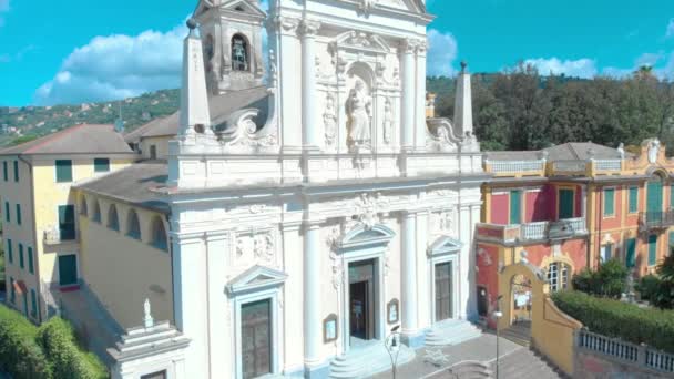 Italian Church Revealed Drone Aerial Shot Santa Margherita Ligure Portofino — Stockvideo