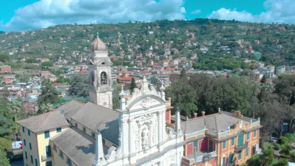 Approaching Aerial Shot Italian Church Santa Margherita Ligure — стокове відео