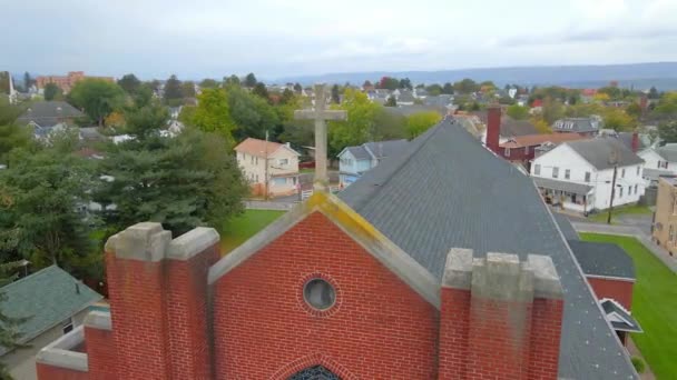 Flock Birds Flying Church Cross Almost Hitting Drone Very Rare — Wideo stockowe