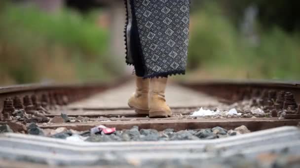 Romanian Girl Walks Old Industrial Railway — Αρχείο Βίντεο