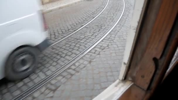 Lisbon Streets Stoned Road Riding Tram Window Tracks Route Direction — Stock Video