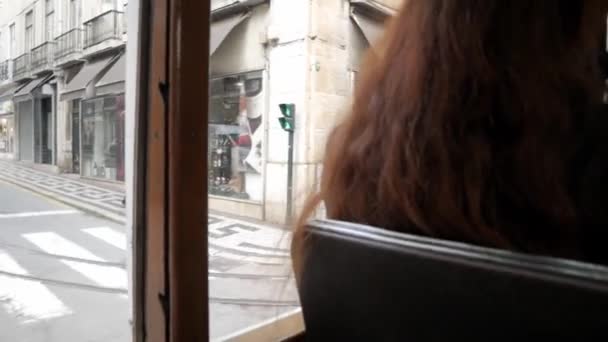 Lisbon Streets Commute Classic Tram View Stoned Pavement Calcada Roads — стокове відео