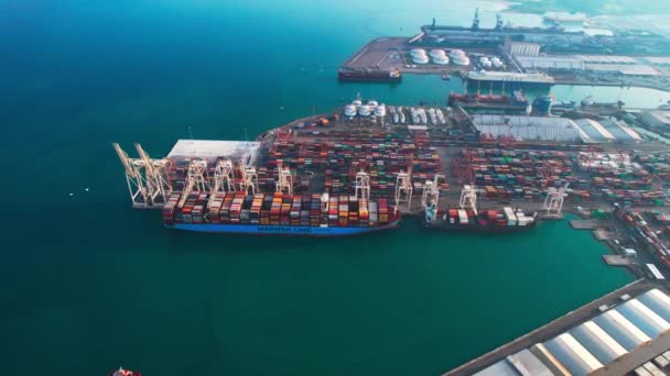 Aerial Drone View Cargo Shipping Containers Industrial European Port Ready — Αρχείο Βίντεο