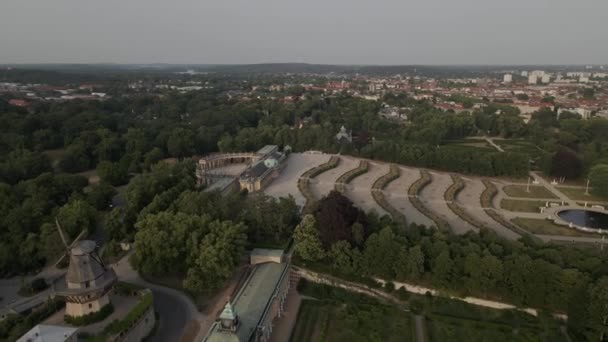 High Drone Flight Windmill Surrounding Forest Sanssouci Palace German City — Stock videók