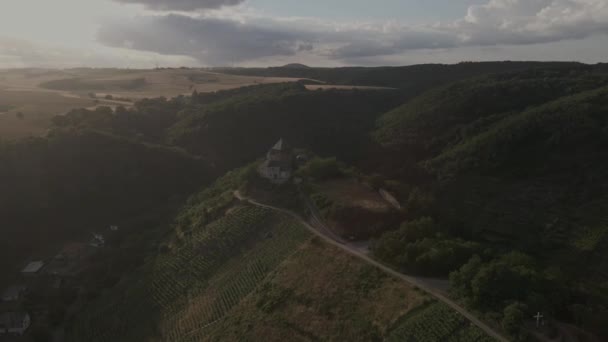 Wide Drone Shot Hills Castle Kobern Moselle River Germany — 图库视频影像