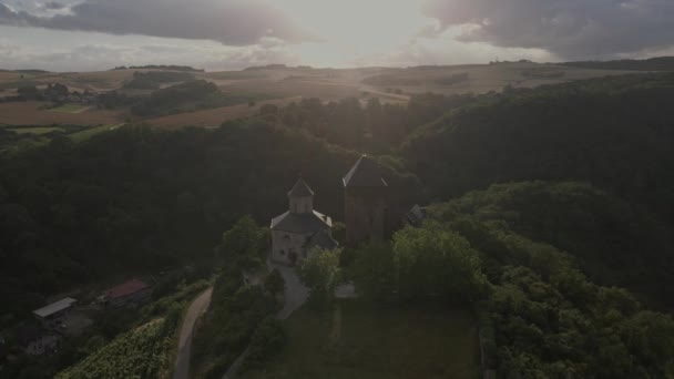 Circular Drone Footage Niederburg Castle Hill Kobern Moselle River Germany — Stock videók