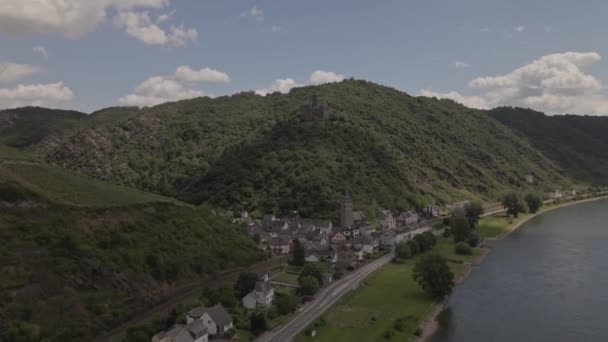 Aerial View Rhine River Flying Kobern Village Upwards Niederburg Castle — Video Stock