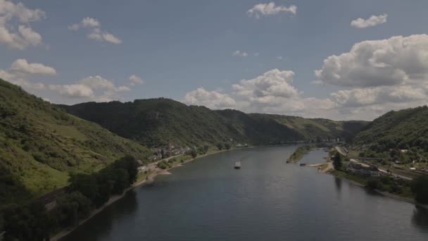 Birds Eye View Drone Rhine River Rhine Barge Distance Water — Stockvideo