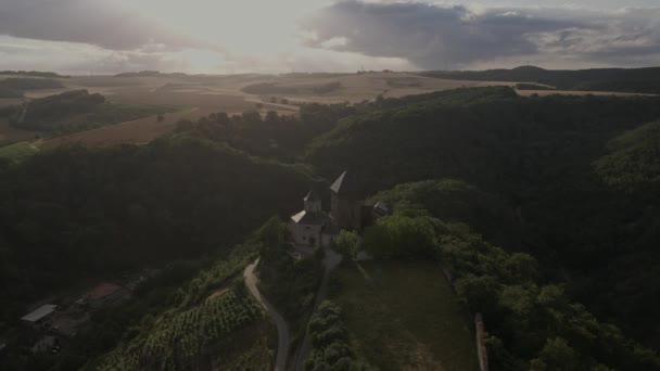 Drone Flight Wide Nature Mountains Castle Hill Kobern Germany — Vídeo de Stock