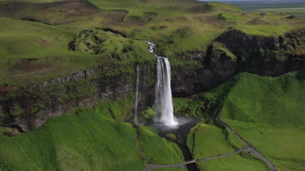 Seljalandsfoss Waterfalls Iceland Drone Video Stable — Stockvideo