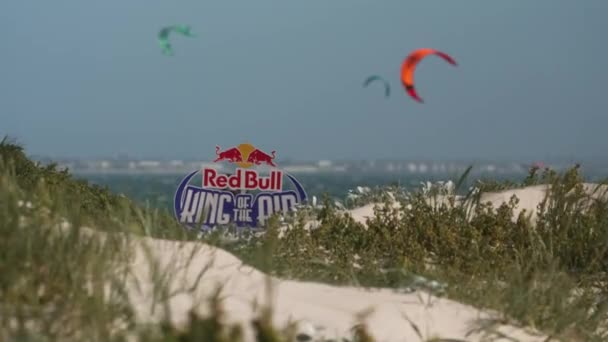 Red Bull King Air Sign Kites Background Bloubergstrand — Stockvideo