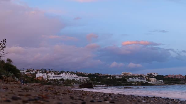 Wonderful Sunset Scenery Estepona Beach Spain Wide Shot — Vídeos de Stock