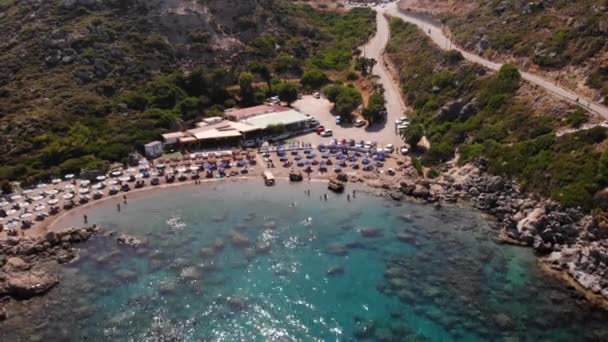 Aerial View Anthony Quinn Bay Tourists Swimming Azure Waters Mediterranean — стокове відео