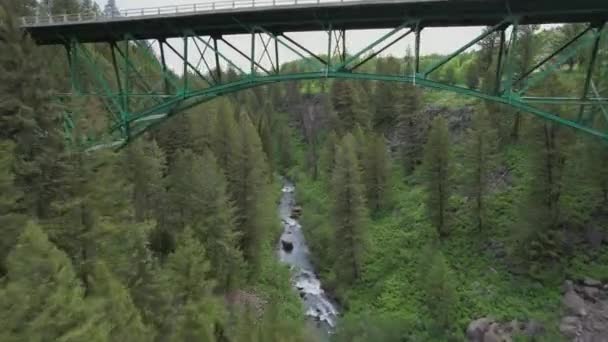 Drone Flies Green Painted Steel Bridge Bridge Runs Creek Surrounded — Stock video