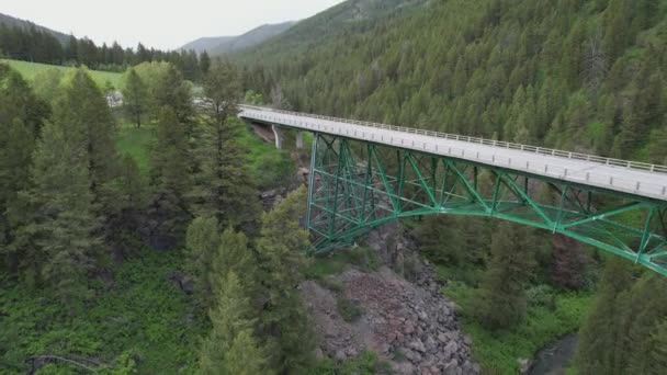 Drone Rising Steel Bridge Mouth Pine Covered Canyon Road Can — Stockvideo