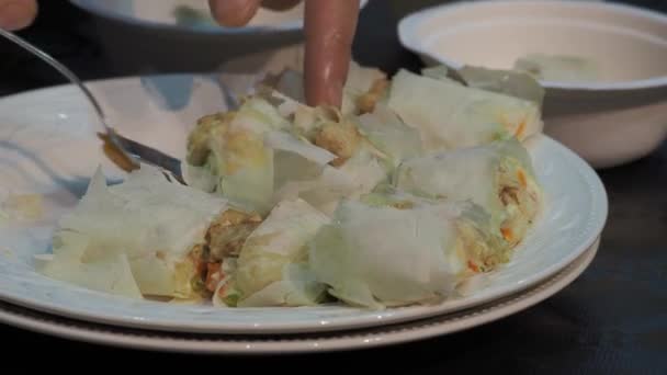 Hands Take Pieces Food Plate Gastronomic Fair Ourense Gimbal Close — Wideo stockowe