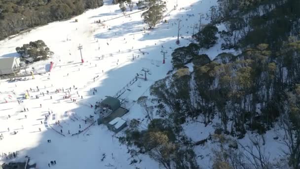 Aerial View Busy Alpine Snow Resort Many Winter Activities People — Stockvideo
