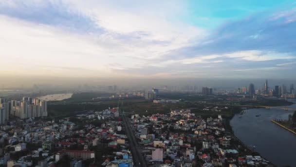 Panoramic Cityscape Chi Minh City District Aerial Urban Sunrise — Vídeos de Stock