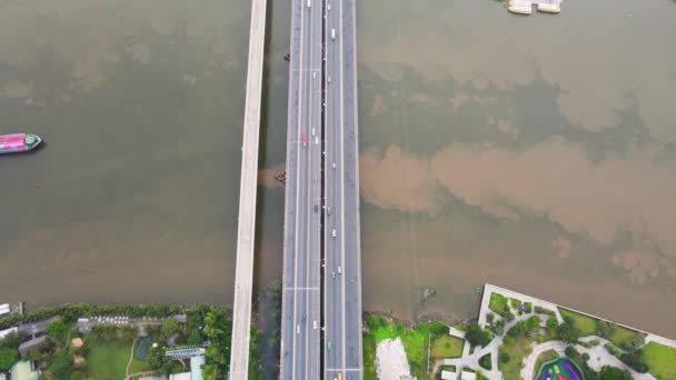 Traffic Highway Bridge Saigon River Drone Shot Revealing Cityscape — Vídeos de Stock
