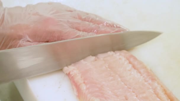 Chef Cutting Raw White Fish Close Preparing Fish Meat Cooked — Wideo stockowe