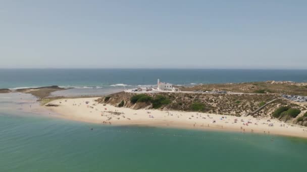 Aerial View Lighthouse Vila Nova Milfontes Sunny Portugal Orbit Drone — 图库视频影像