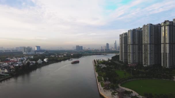 Aerial View Saigon River Downtown District Chi Minh City — Vídeos de Stock