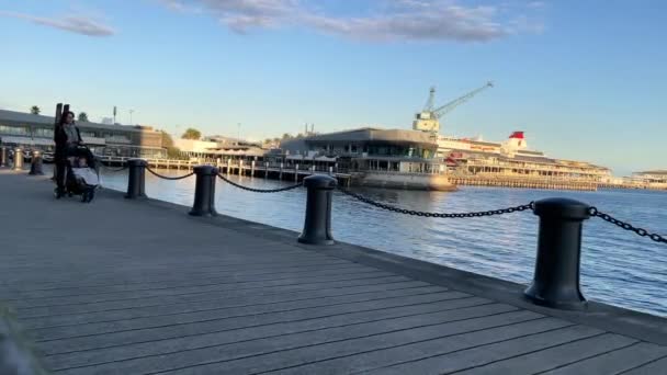 Mother Pushes Her Daughter Port Melbourne Harbour Late Afternoon — 비디오