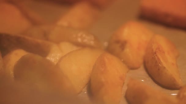 Potato Pieces Roasting Oven Slowly Crisping Turning Golden Brown — Video Stock