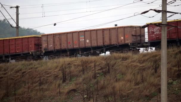 Romanian Cargo Train Enters Town — Stok Video
