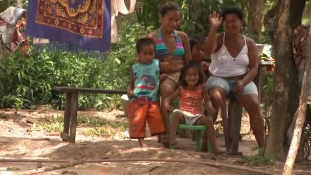 Friendly Women Children Indigenous Tribes Wave Visitors Amazon Rainforest — Stock video