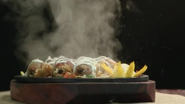 Close Chicken Meat Balls Bbq Table Smoke Black Background — Stock video