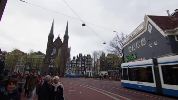 Brede Statische Opname Van Drukke Spui Straat Het Centrum Van — Stockvideo