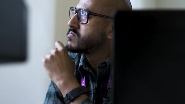 Close Shot Office Desk Asian Man Sits Gazing Out Window — Stock videók