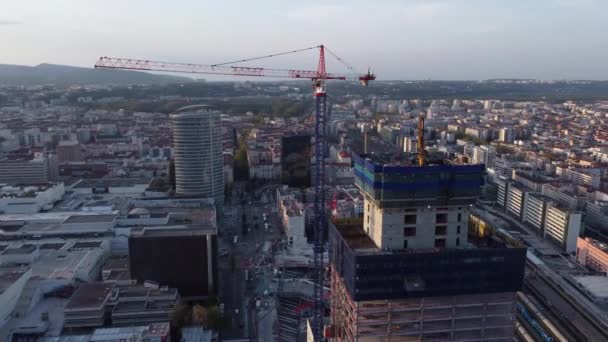 Tower Crane Construction Site Building City Lyon France Sunset Aerial — Wideo stockowe
