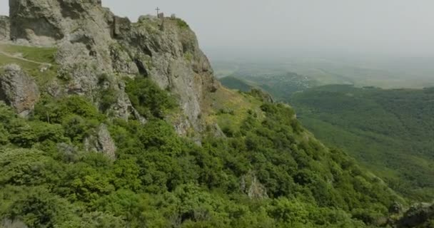 Drone Shot Two Christian Crosses Located Ruins Azeula Fortress — Vídeos de Stock