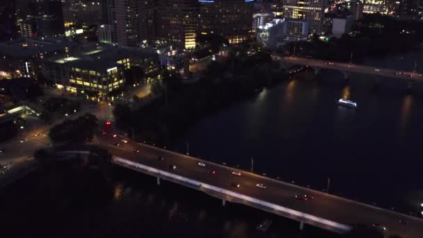 Night Drone Shot Downtown Austin River — Video