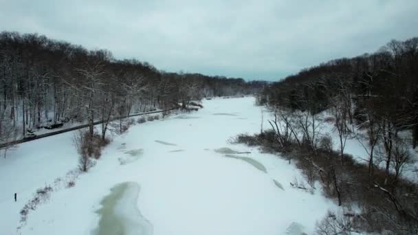 Aerial View Frozen Creek Surrounded Forest Rockie Mountains Amazing View — Vídeo de Stock