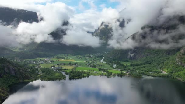 Aerial View Ovre Eidfjord Located Southern End Lake Eidfjordvatnet — Stock video