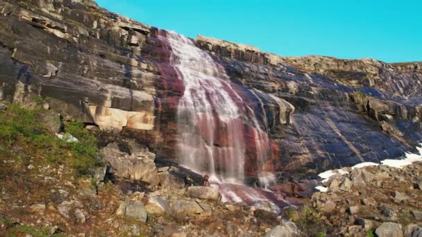 Aerial View Waterfall Cascading Red Coloured Rock Face Hardangervidda National — Stockvideo