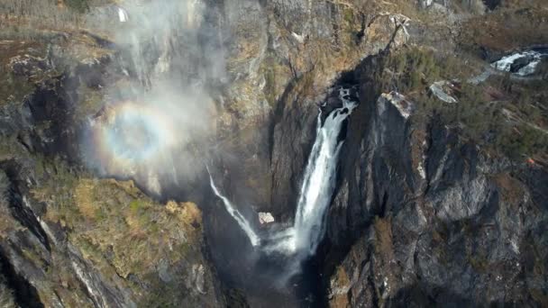 Aerial Overhead View Cascading Voringsfossen Waterfall Norway Rainbow Seen Rising — Vídeo de Stock