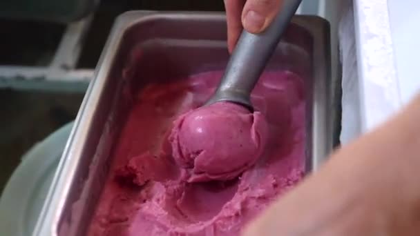 Close Shot Woman Scooping Strawberry Ice Cream Ball Placing Blue — 비디오