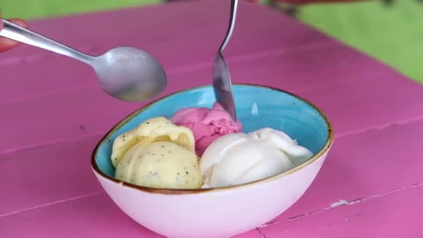 Close People Scooping Passion Fruit Strawberry Ice Cream Blue Bowl — Stok Video