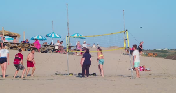 Pessoas Jogando Vôlei Praia Verão Mulher Atlética Salta Espeta Bola — Vídeo de Stock